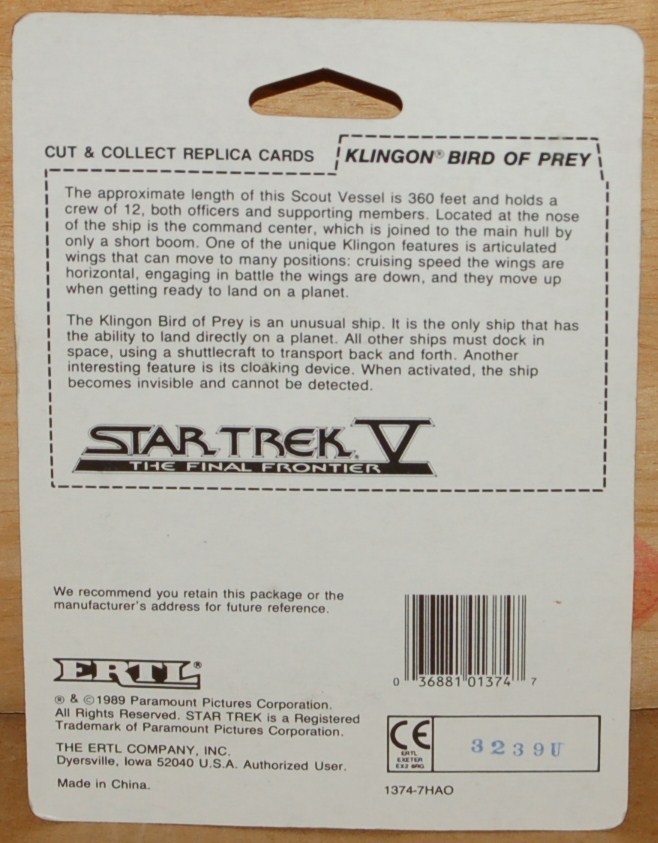 ERTL Star Trek V Ship - Klingon Bird of Prey Back