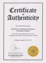 IDW Star Trek Countdown to Darkness #1 Enterprise Edition Certificate